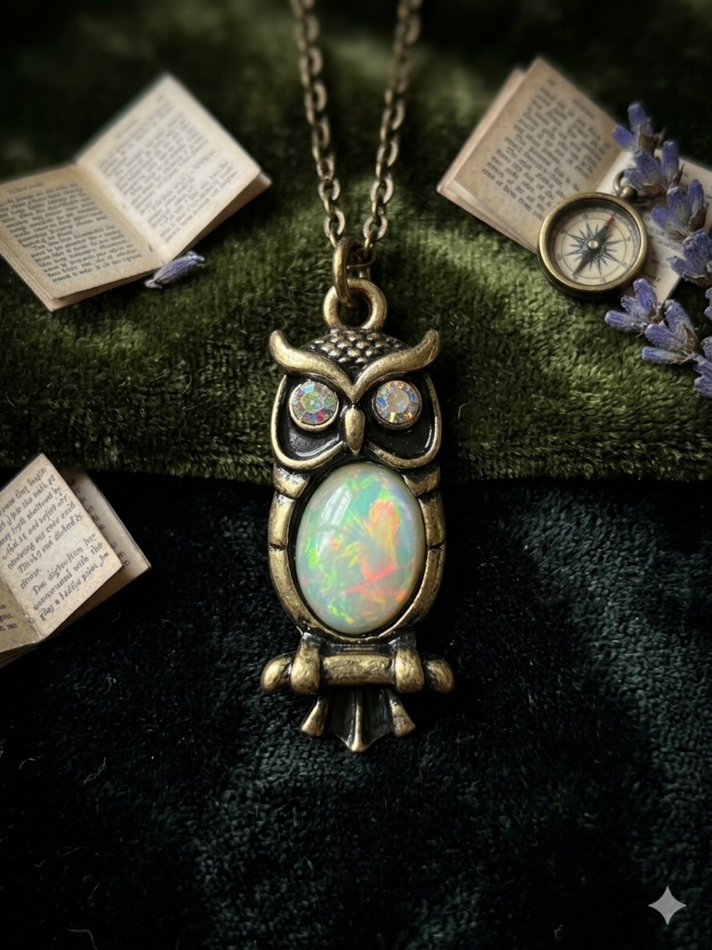 Hand Crafted Gold Owl Necklace with Opalescent Center